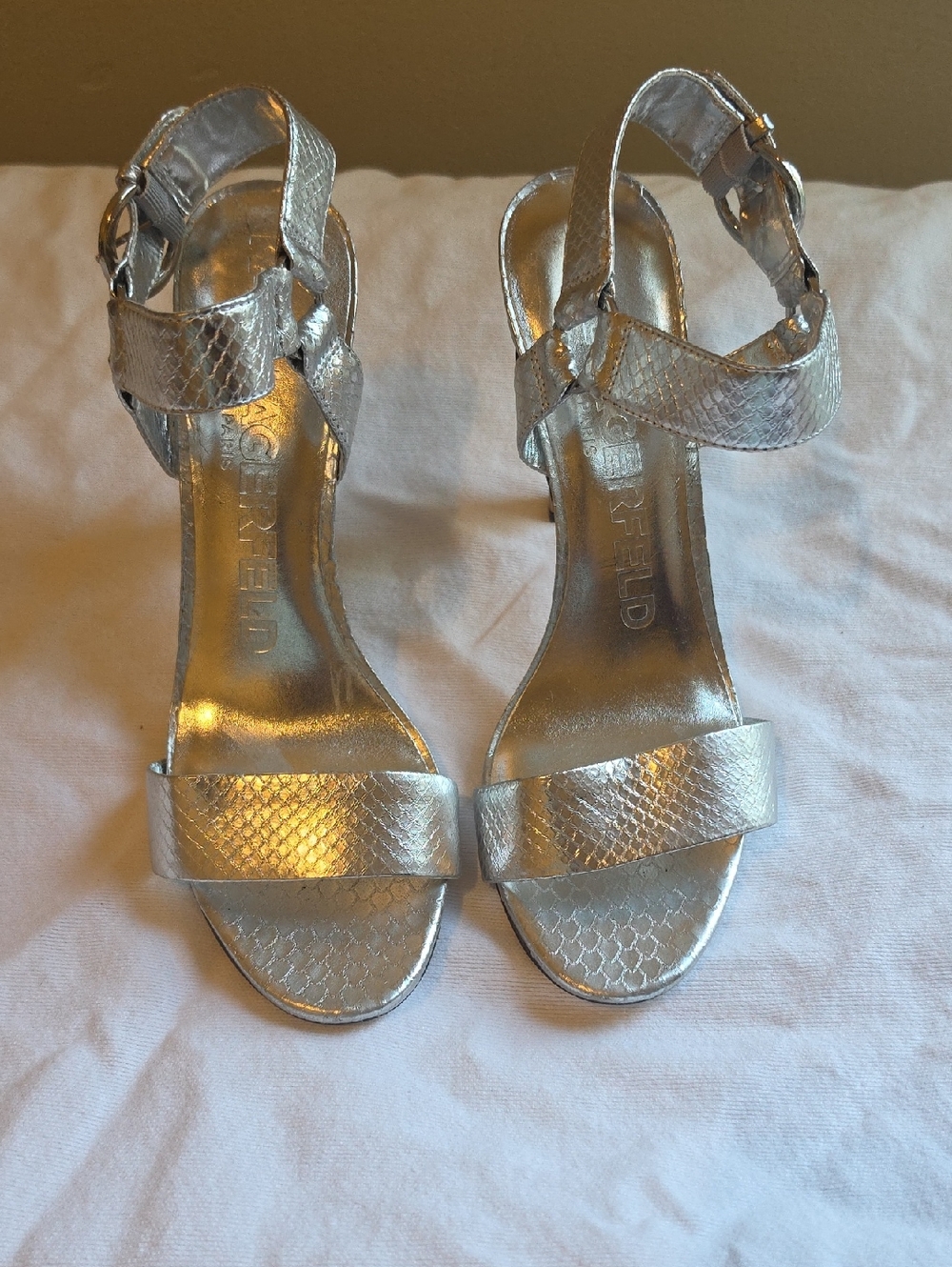 Karl Lagerfeld Metallic Silver Ankle-Strap Heeled Sandals